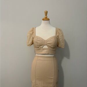 Elegant Beige Two-Piece Set with Lace Sleeves